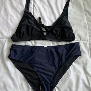 Blue and black two piece swim suit